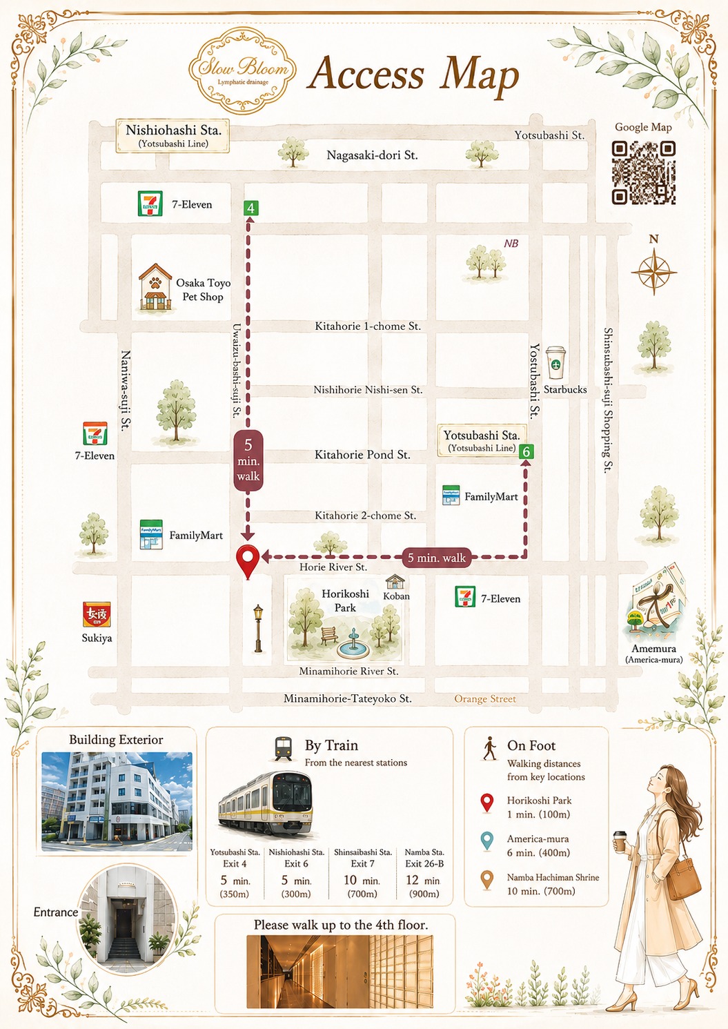 SlowBloom access map — 5 minutes on foot from Yotsubashi or Nishi-Ohashi station, beside Horie Park
