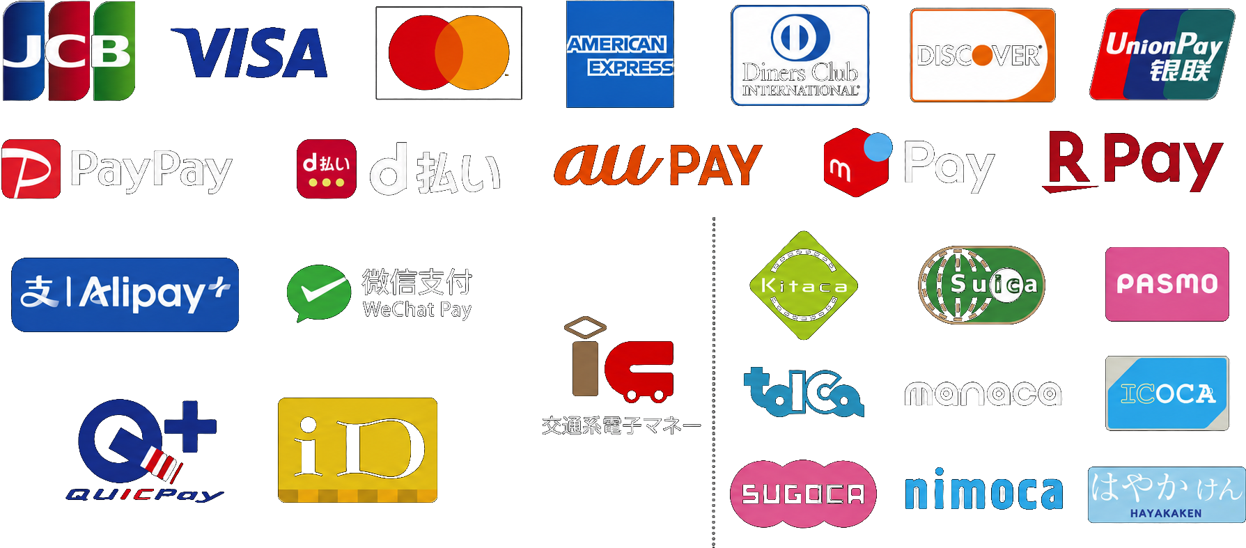 ご利用いただけるクレジットカード・電子マネー・QRコード決済のロゴ一覧